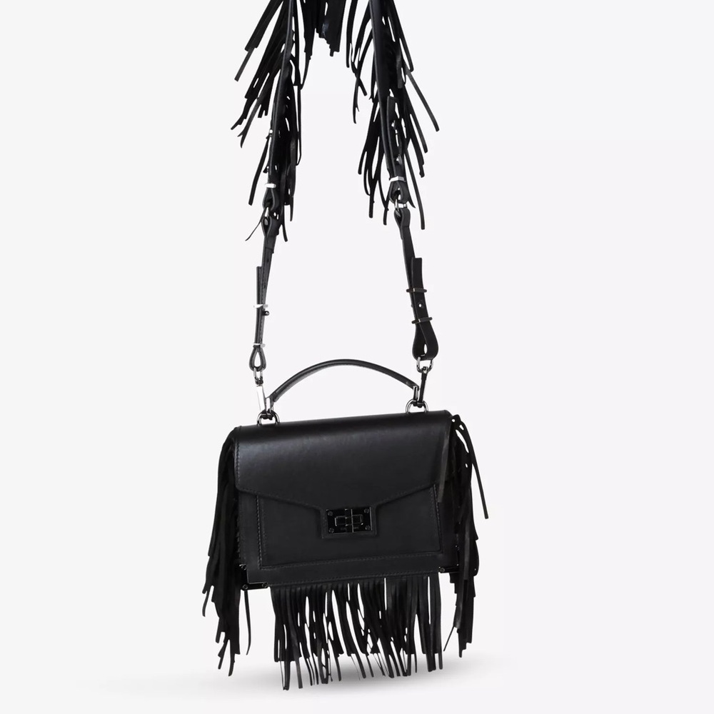 NWT | The Kooples | Emily | Black Leather Crossbody Bag with Fringe - Picture 5 of 12